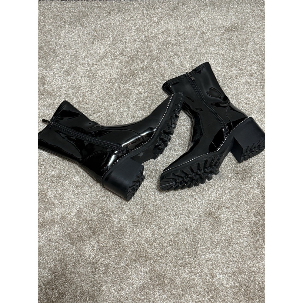 Black Patent Ankle Boots Chunky Lug Sole Silver Bead Glam Goth Grunge - Picture 2 of 8